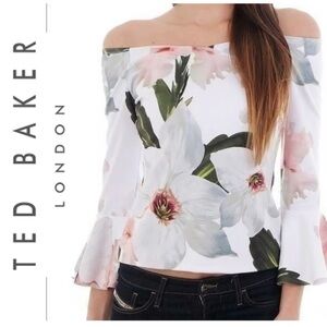 Ted Baker Veleita Chatsworth Bloom Floral Bardot Off Shoulder Bell Sleeve Blouse